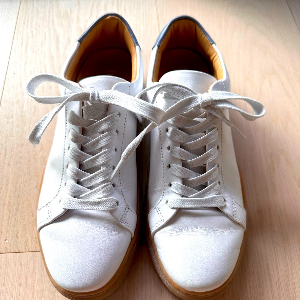 Thursday Boot Company White Leather Sneakers with Tan Soles and Navy Heel Trim